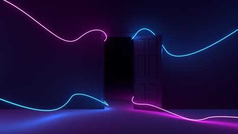Eine-Tür-öffnet-Sich-In-Die-Dunkelheit-Des-Raumes,-Beleuchtet-Durch-Abstrakte-Effekte-Von-Neon--Oder-LED-Lichtern